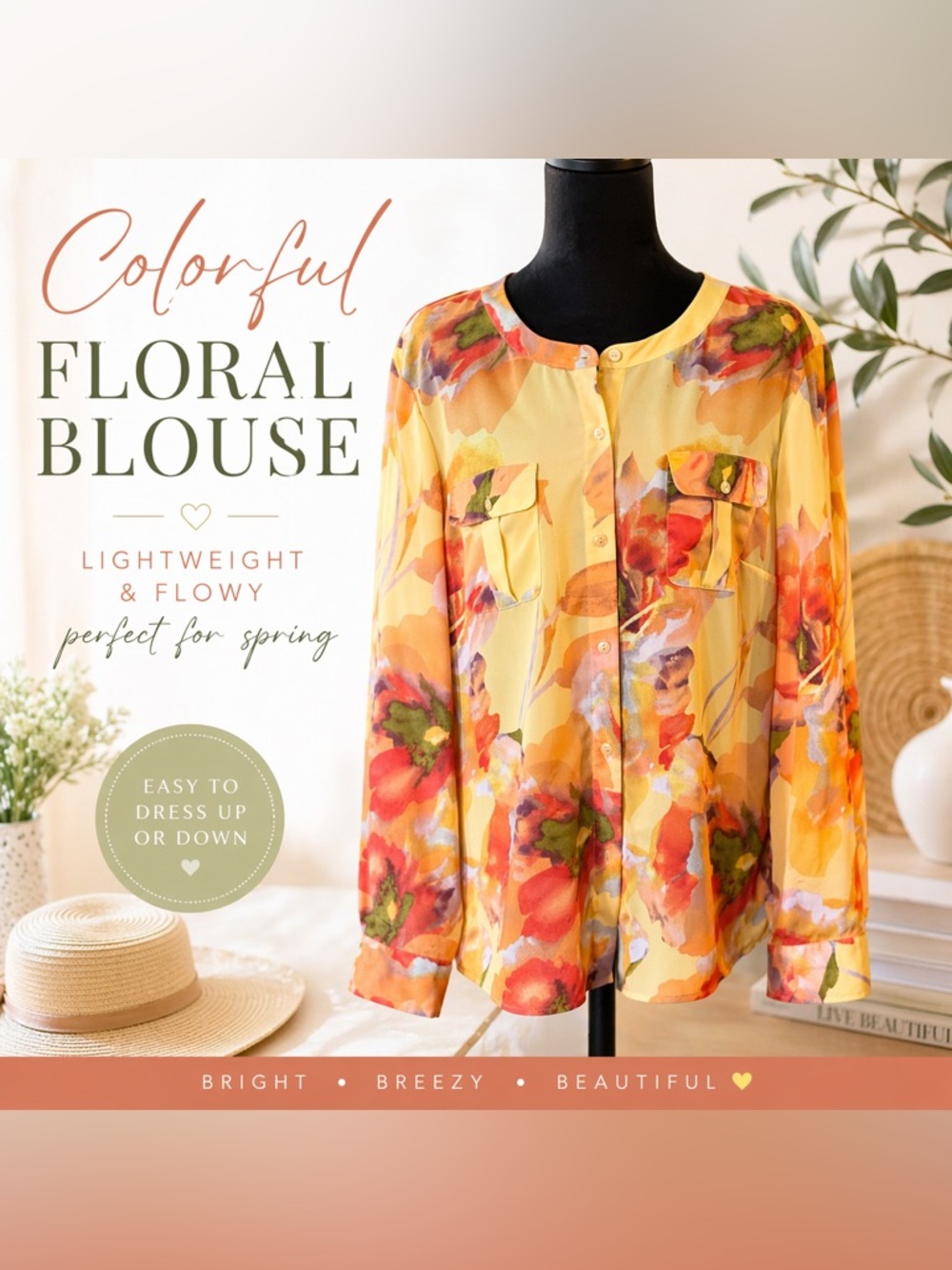 Isabella DeMarco Colorful Floral Blouse Sheer Button Front Size Large